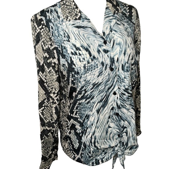 MICHAEL KORS Snake Print Button Down Silver Blue Blouse Tie Front Bundle Sz M - Picture 13 of 16